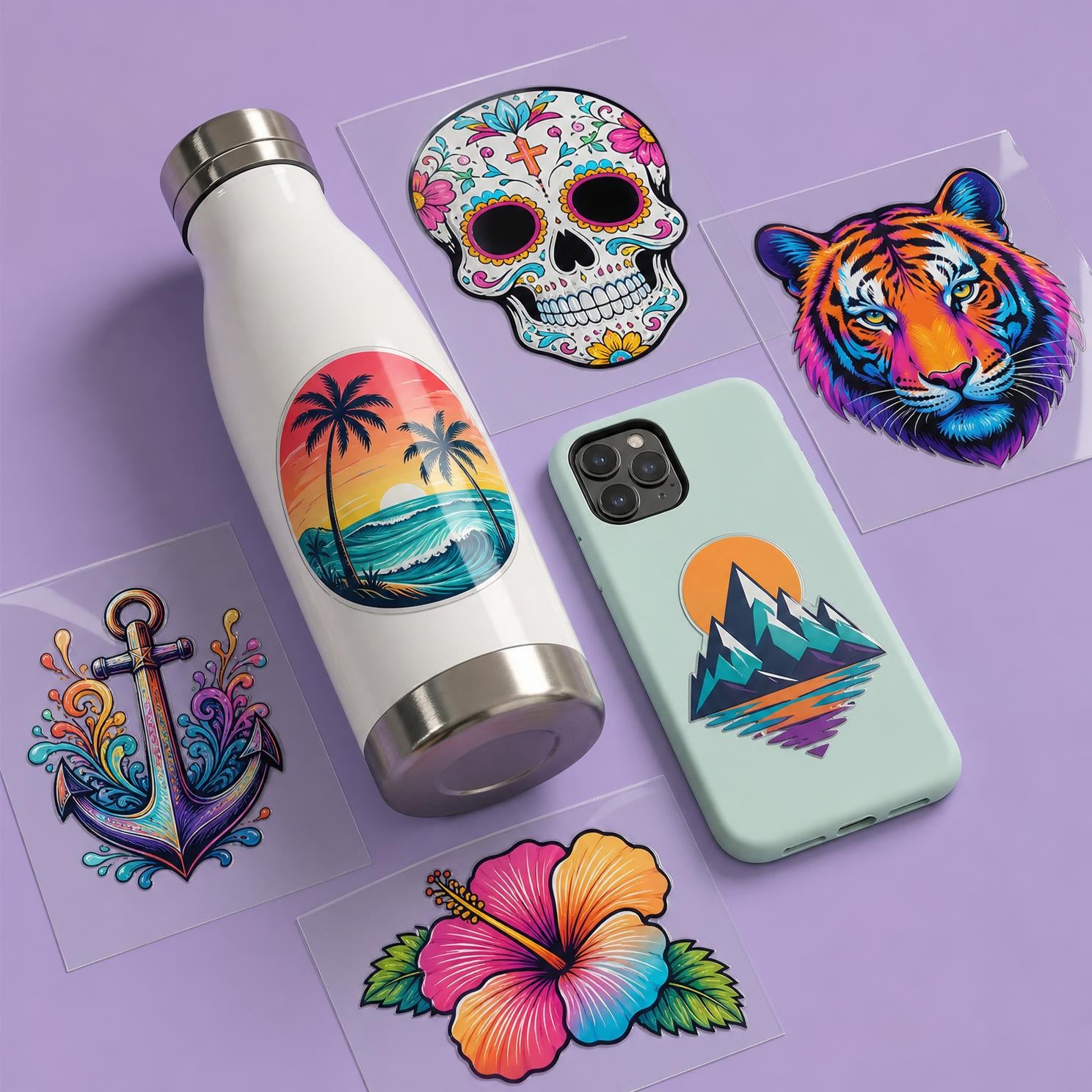 UV DTF decals on a water bottle and phone case