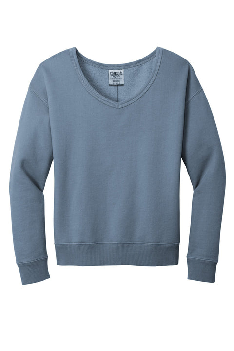 Port & Co LPC098V Women's Beach Wash Garment-Dyed V-Neck Sweatshirt