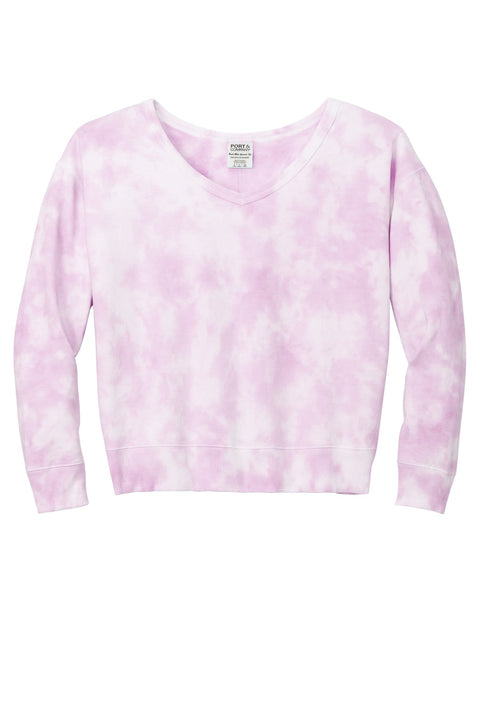 Port & Co LPC140V Women's Beach Wash Cloud Tie-Dye V-Neck Sweatshirt