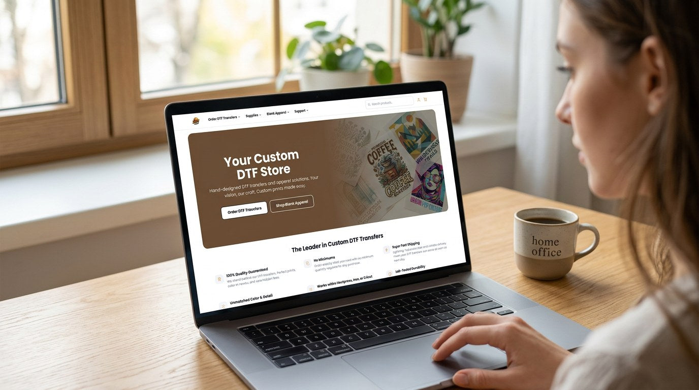 A reseller's branded DTF storefront open on a laptop
